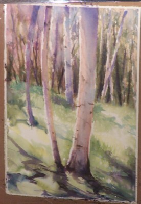 Tom Bluemlein's painting of aspen trees from a photo taken by him when he lived in Taos, New Mexico.